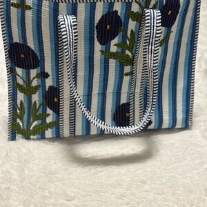 Striped Blue and White Floral Quilted Tote Bag